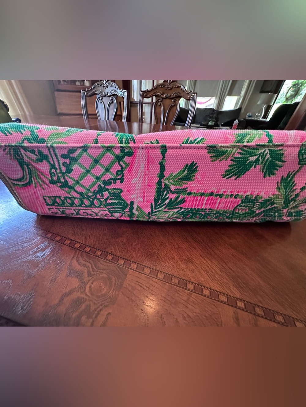 Lilly Pulitzer Pink & Green Tropical Canvas Tote with Bamboo Handles - Picture 5 of 8